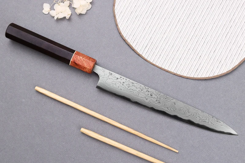 Couteau sujihiki 21cm japonais artisanal Toshihiro Wakui Aogami 2 damas laminé
