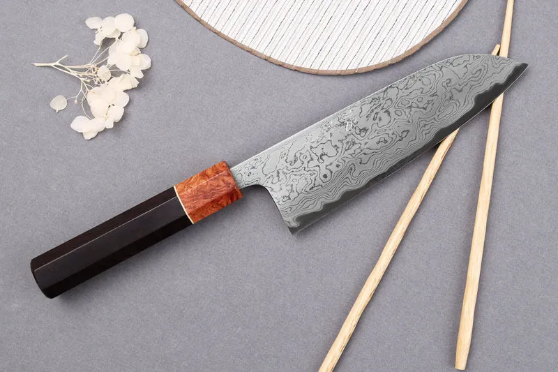 Couteau santoku 16,5cm japonais artisanal Toshihiro Wakui Aogami 2 damas laminé