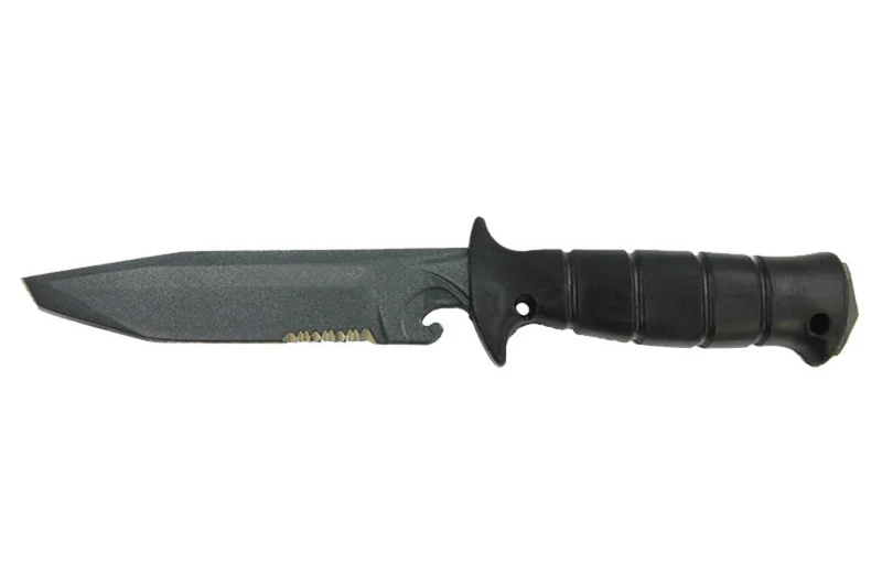 Couteau Wildsteer Wing-Tactic WING06213 lame semi-dentée 12,5cm sans logo GIGN manche kraton noir + brise-vitre + étui POM