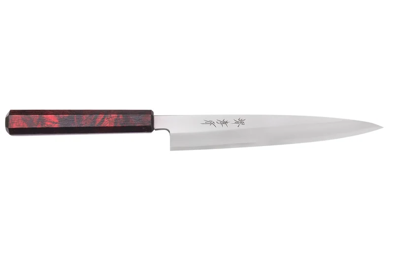 Couteau yanagiba japonais 21cm Sakai Takayuki Nanairo manche en résine laqué rouge