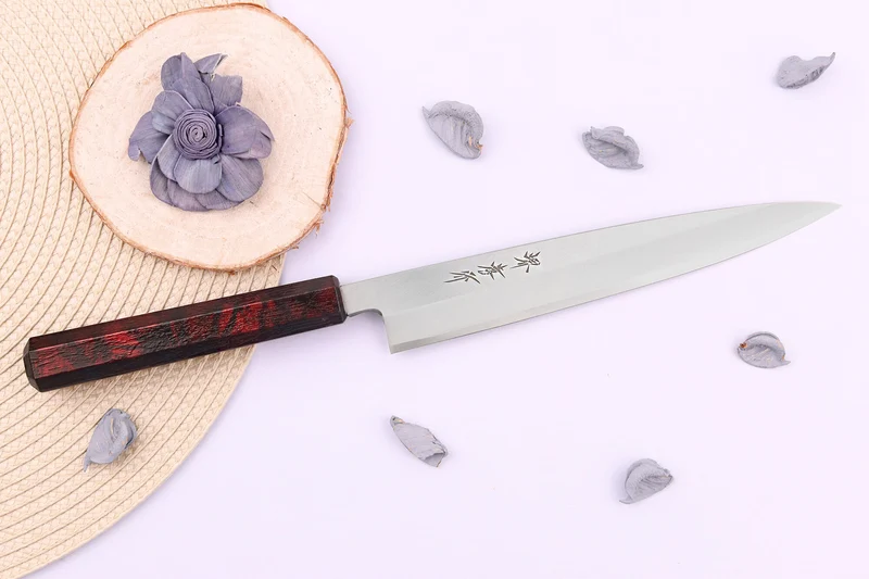 Couteau yanagiba japonais 21cm Sakai Takayuki Nanairo manche en résine laqué rouge
