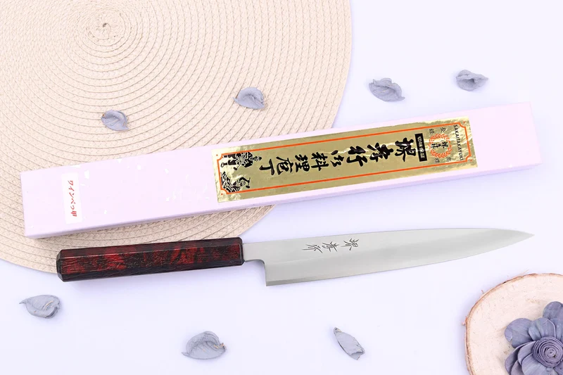 Couteau yanagiba japonais 21cm Sakai Takayuki Nanairo manche en résine laqué rouge