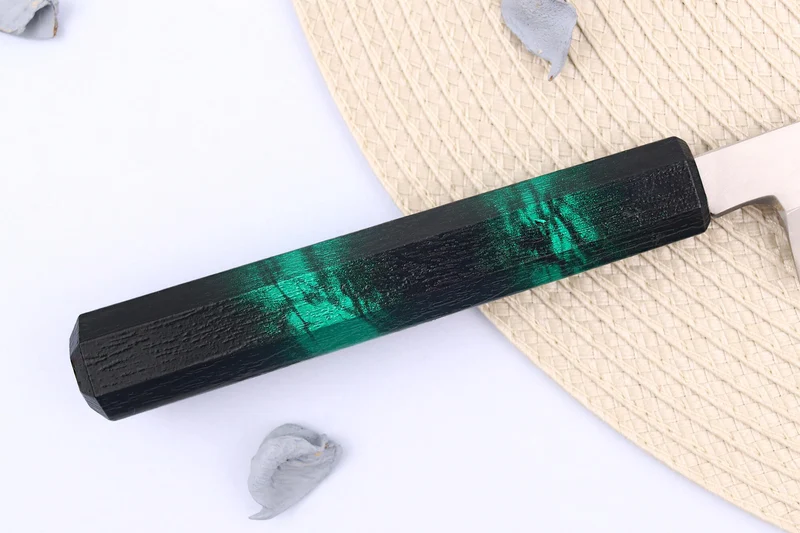 Couteau yanagiba japonais 21cm Sakai Takayuki Nanairo manche en résine laqué vert
