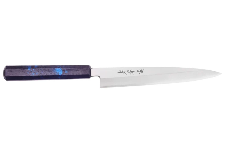 Couteau yanagiba japonais 21cm Sakai Takayuki Nanairo manche en résine laqué bleu