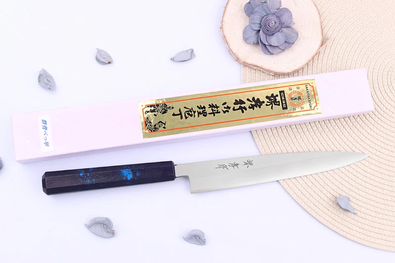 Couteau yanagiba japonais 21cm Sakai Takayuki Nanairo manche en résine laqué bleu