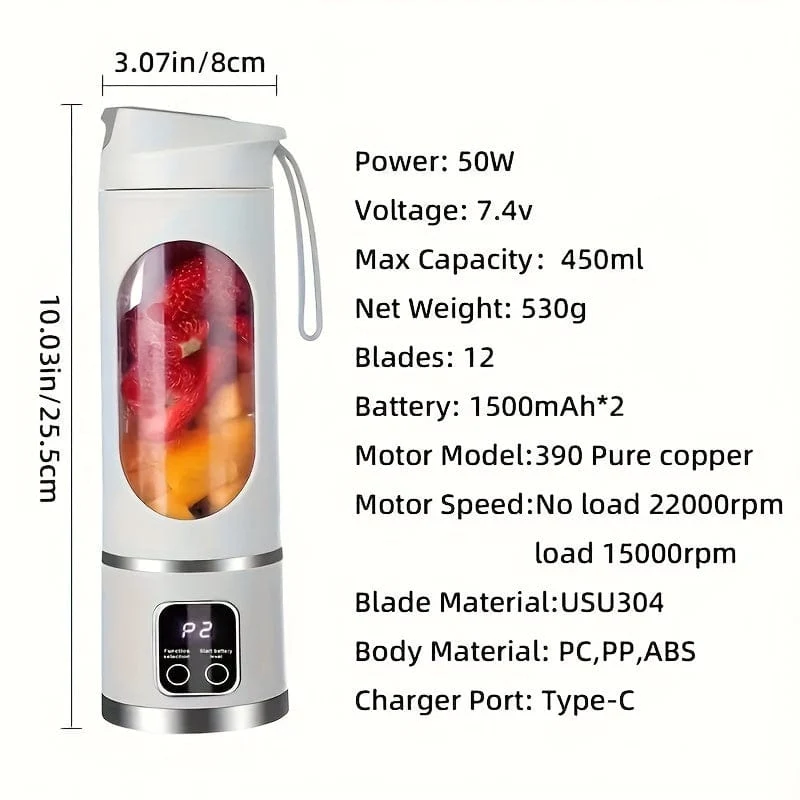 Blender USB Rechargeable avec affichage LED - 450ml, idéal smoothies & milkshakes