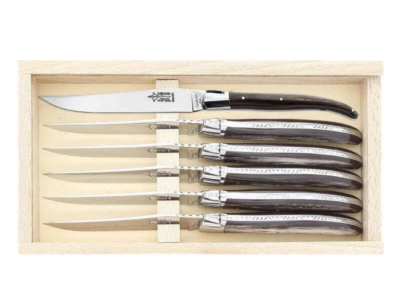 Coffret 6 couteaux Laguiole Arbalète G.DAVID 21cm inox manche façon corne noire mitre inox