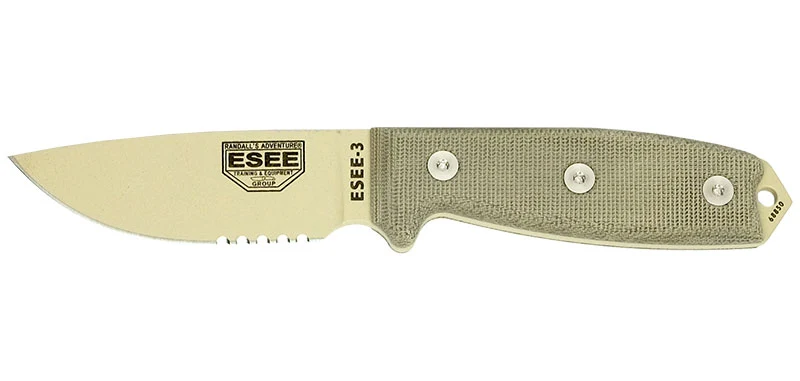 Couteau Bushcraft ESEE-3 Désert Lame Mixte