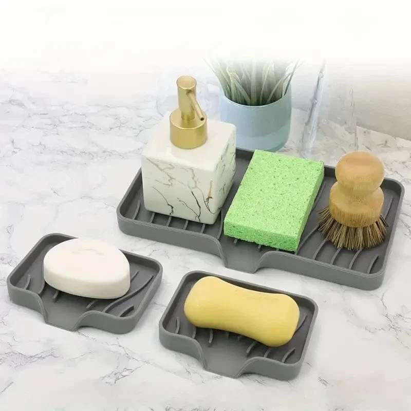 Porte-savon en silicone avec égouttoir et rangement éponge pour évier de cuisine