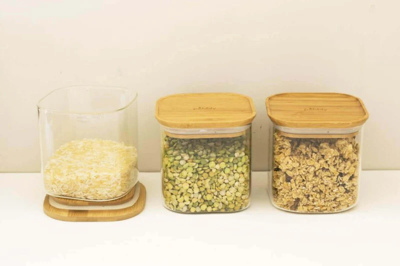Set de 3 boîtes carrées en verre Pebbly avec couvercle en bambou - 800ml