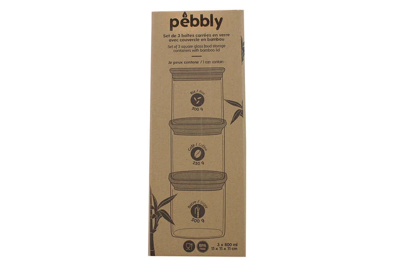 Set de 3 boîtes carrées en verre Pebbly avec couvercle en bambou - 800ml