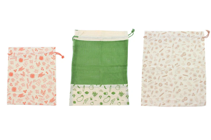 Set de 3 sacs zéro déchet Pebbly en coton biologique pour légumes, pain, vrac