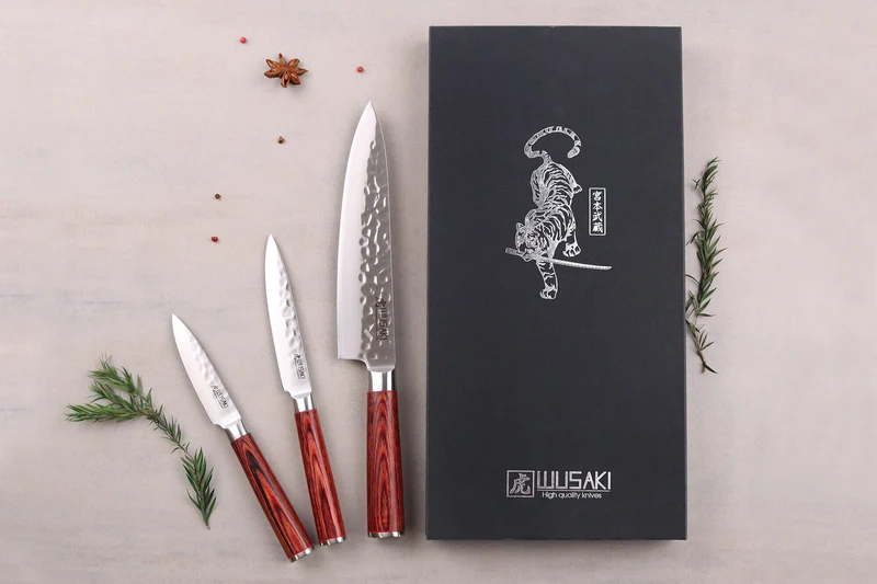 Coffret 3 couteaux Wusaki Pakka X50 pakkawood Chef + Universel + Office