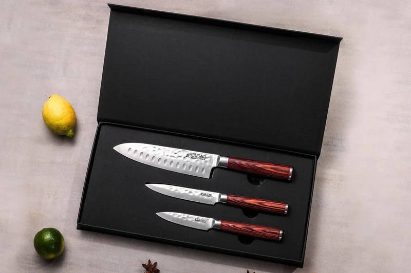 Coffret 3 couteaux Wusaki Pakka X50 pakkawood Santoku + Universel + Office