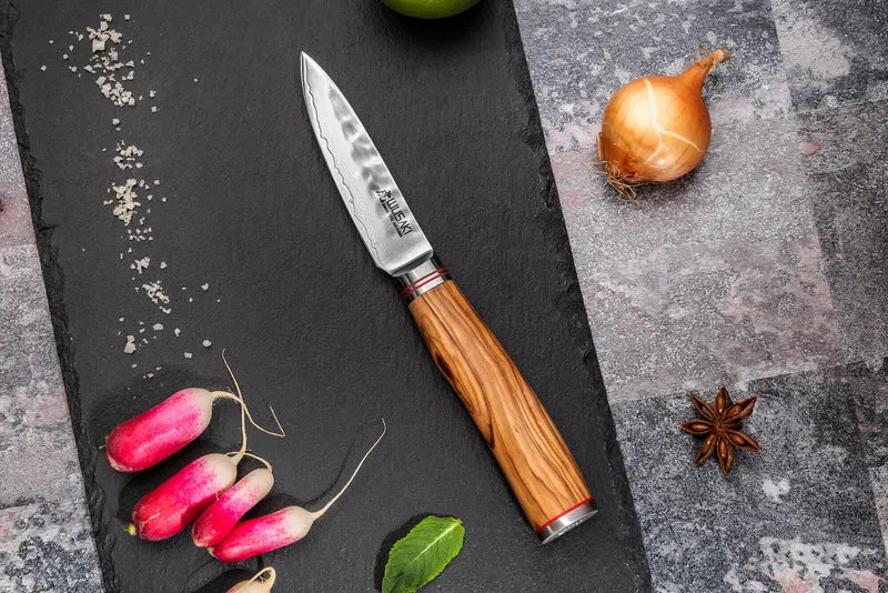 Coffret 3 couteaux Wusaki Damas 10Cr olivier Santoku + Universel + Office