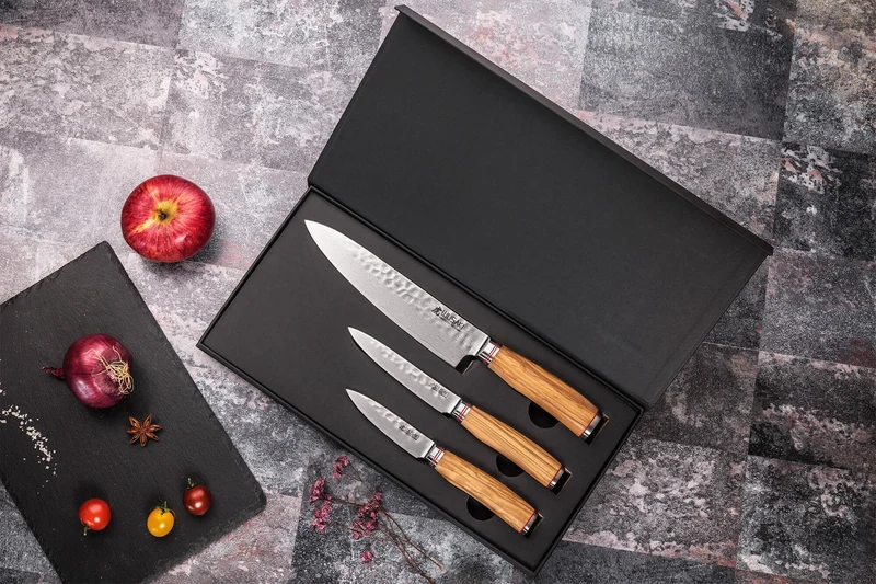 Coffret 3 couteaux Wusaki Damas 10Cr olivier Chef + Universel + Office