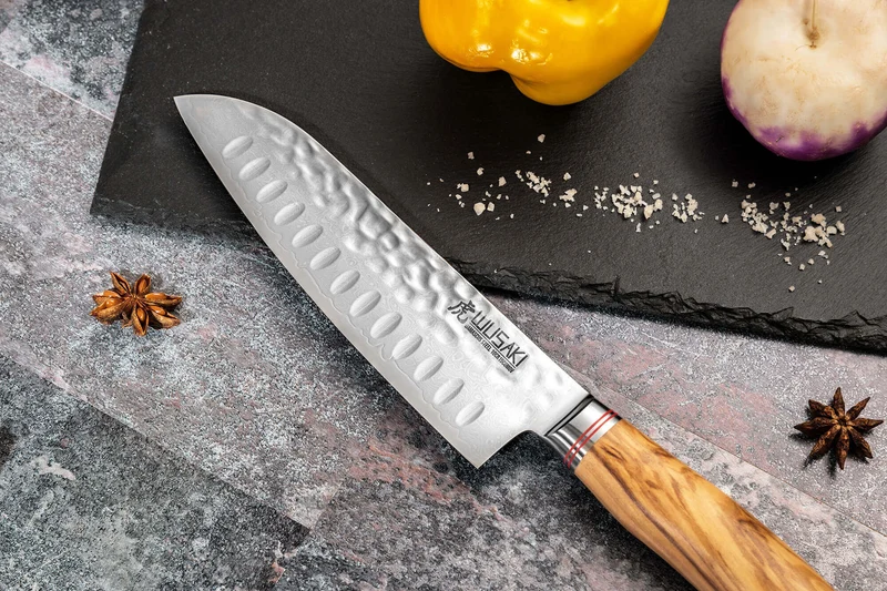 Coffret de 2 couteaux Wusaki Damas 10Cr manches en olivier Santoku + Office