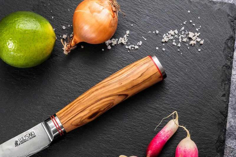 Coffret de 2 couteaux Wusaki Damas 10Cr manches en olivier Santoku + Office