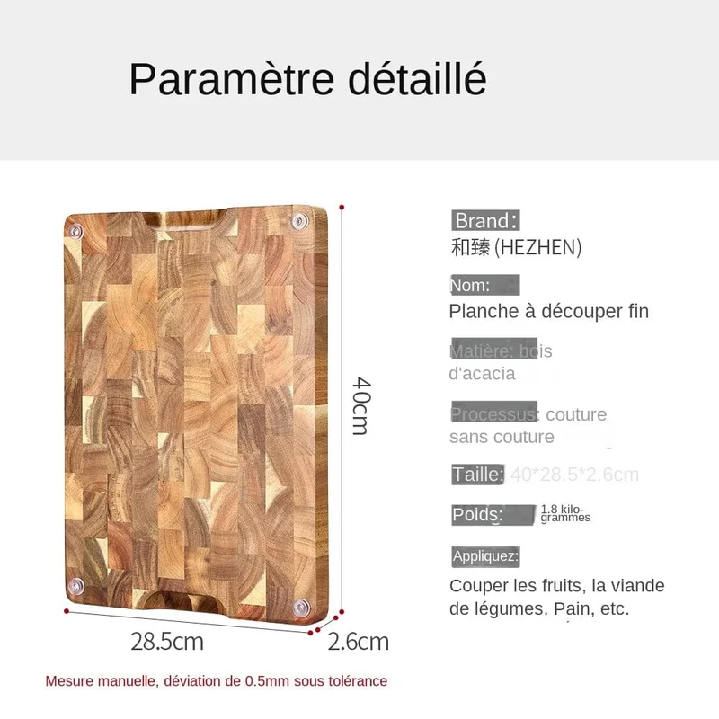 Planche à Découper en Bois d'Acacia 40 × 28,5 cm – Jonction Seamless, End Grain, Pieds Antidérapants