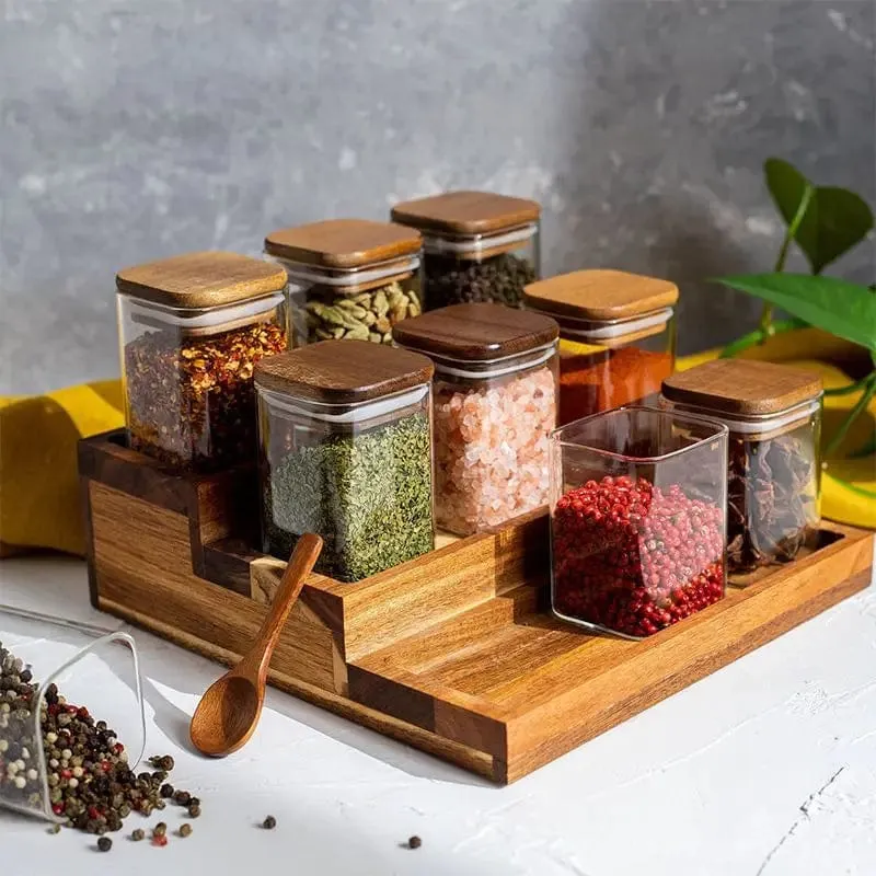 Lot de 4 Bocaux à Épices en Verre et Couvercle en Bois d'Acacia