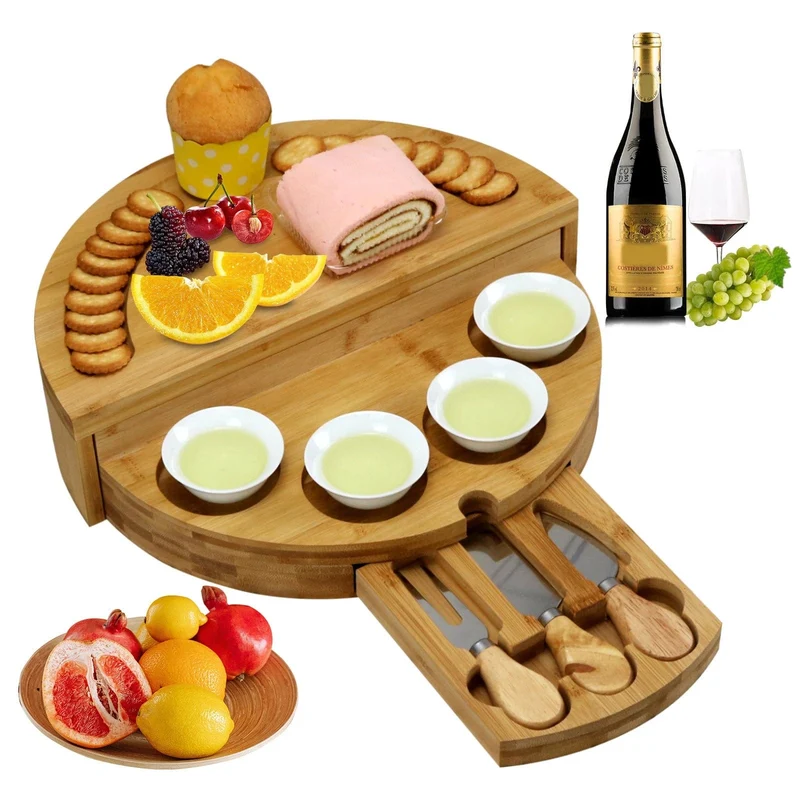 Plateau à fromage et charcuterie en bambou avec tiroir intégré