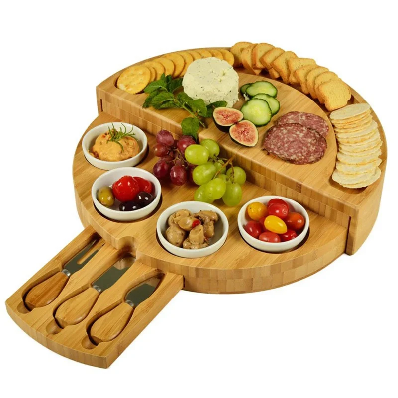 Plateau à fromage et charcuterie en bambou avec tiroir intégré