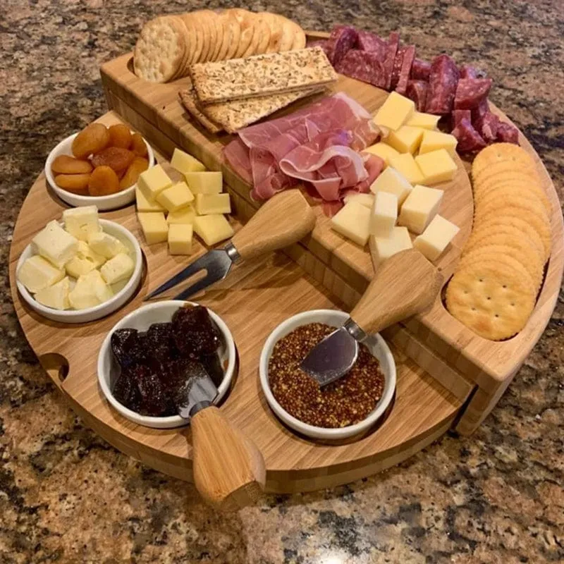 Plateau à fromage et charcuterie en bambou avec tiroir intégré