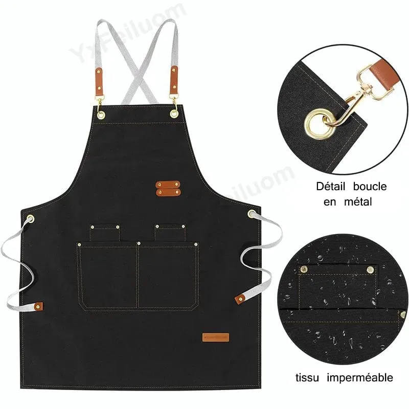 Tablier de cuisine toile imperméable avec poche et bretelles ajustables pour Barbecue