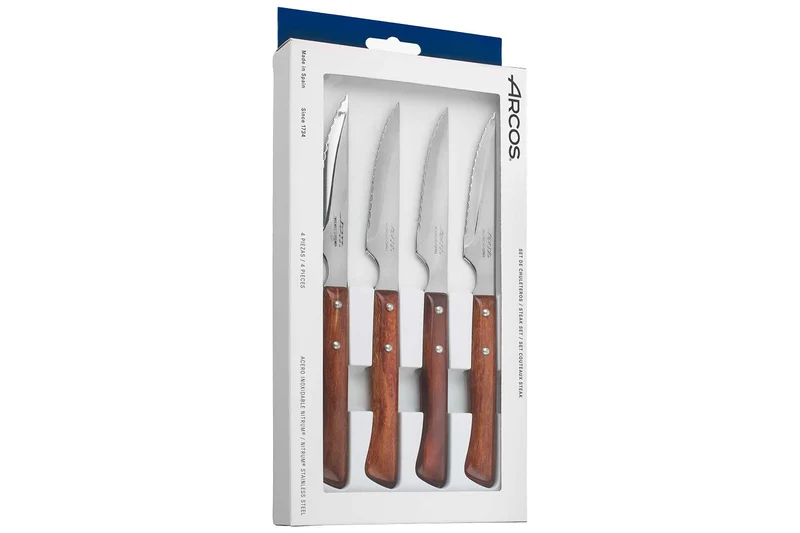 Coffret de 4 couteaux à steak/pizza Arcos lame dentelée 11cm manche en bois de hêtre compressé