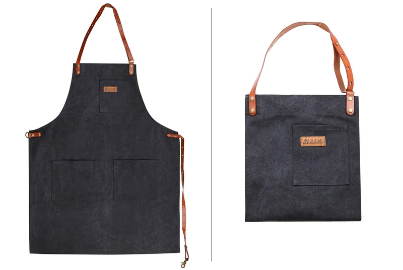 Tablier de cuisine Wusaki en toile noire charbon et cuir 83x67,5cm - Taille unique