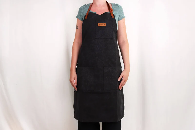 Tablier de cuisine Wusaki en toile noire charbon et cuir 83x67,5cm - Taille unique