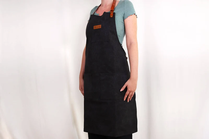 Tablier de cuisine Wusaki en toile noire charbon et cuir 83x67,5cm - Taille unique