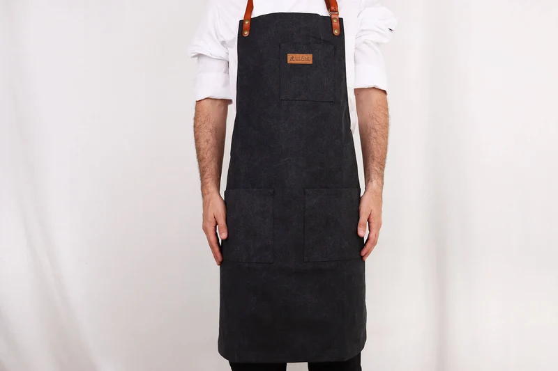 Tablier de cuisine Wusaki en toile noire charbon et cuir 83x67,5cm - Taille unique