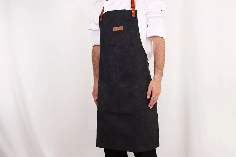 Tablier de cuisine Wusaki en toile noire charbon et cuir 83x67,5cm - Taille unique