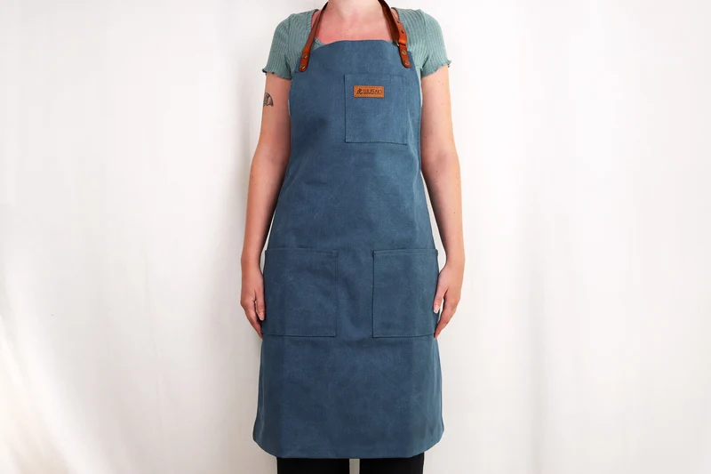 Tablier de cuisine Wusaki en toile bleue et cuir 83x67,5cm - Taille unique