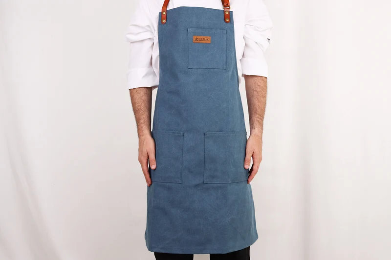 Tablier de cuisine Wusaki en toile bleue et cuir 83x67,5cm - Taille unique