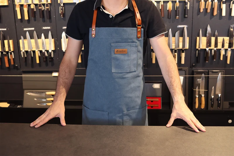 Tablier de cuisine Wusaki en toile bleue et cuir 83x67,5cm - Taille unique