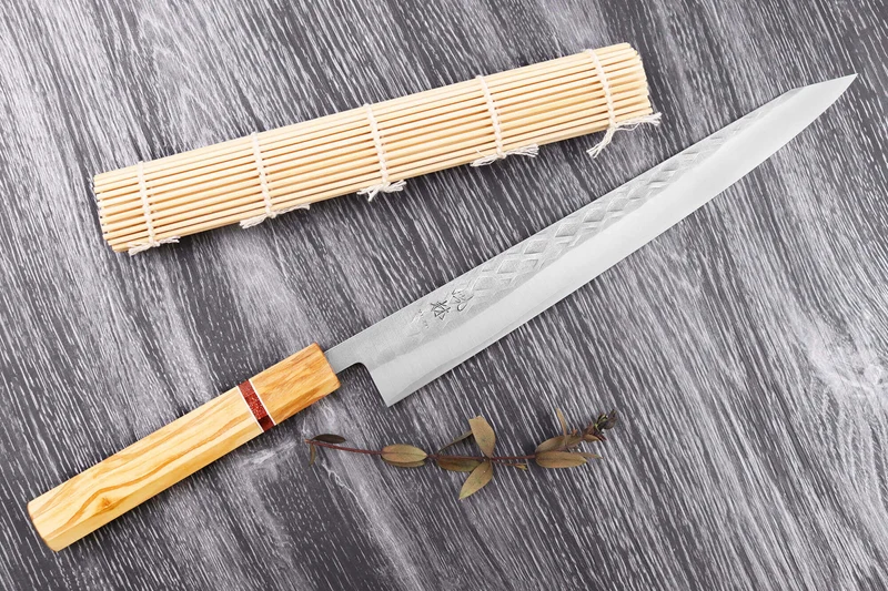 Couteau sujihiki 27cm japonais artisanal Yuzo SLD olivier et sequoia