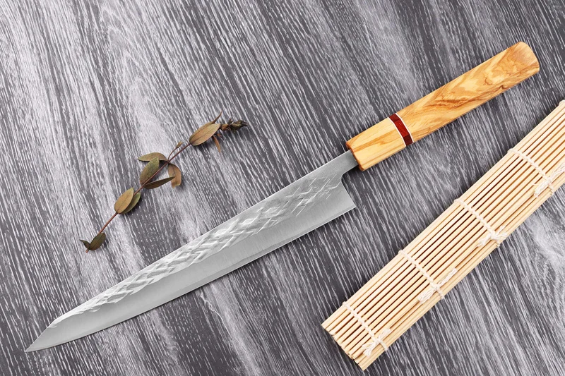 Couteau sujihiki 24cm japonais artisanal Yuzo SLD olivier et sequoia