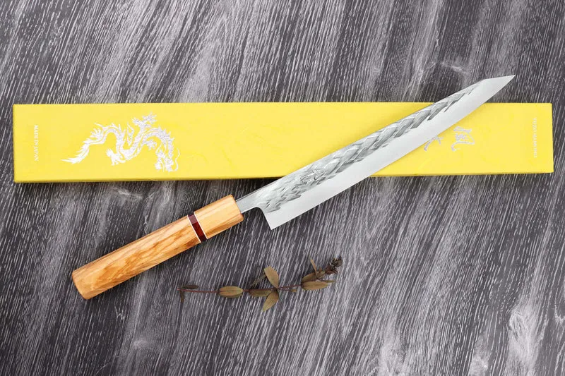 Couteau sujihiki 24cm japonais artisanal Yuzo SLD olivier et sequoia