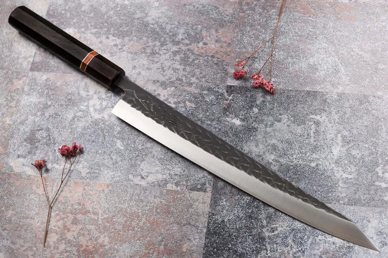 Couteau sujihiki 27cm japonais artisanal Yuzo Black SLD ébène et cognassier