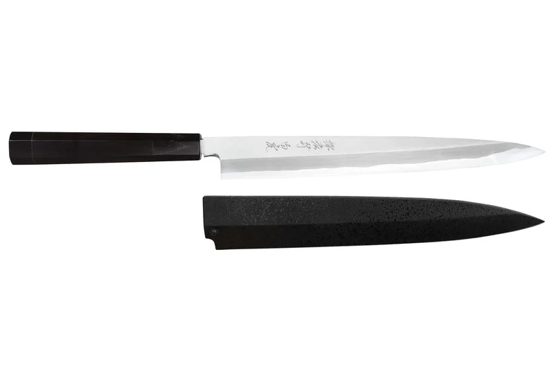 Couteau yanagiba japonais artisanal 24cm Sakai Takayuki Byakko manche en ébène + étui