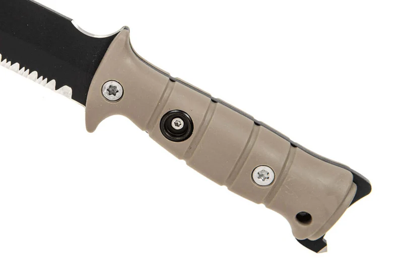 Couteau de survie Wildsteer Tork lame noire semi-dentée 13,3cm manche Tactiprène marron avec brise-vitre + étui + pierre à feu