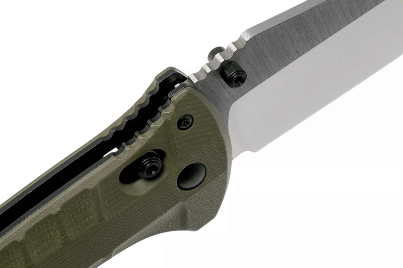 Couteau pliant Benchmade Turret Black 980SBK lame noire semi-dentée manche G10 vert olive 12cm