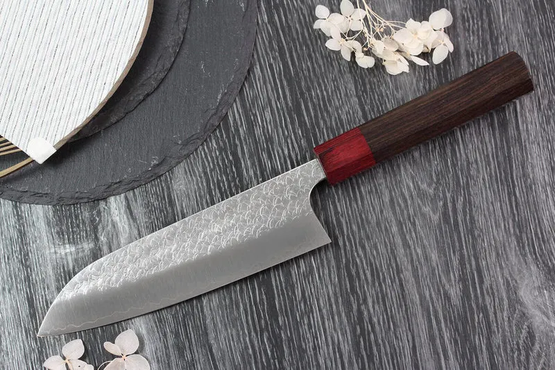 Couteau santoku japonais artisanal Yoshimi Kato Minamo SG2 Tsuchime 17cm