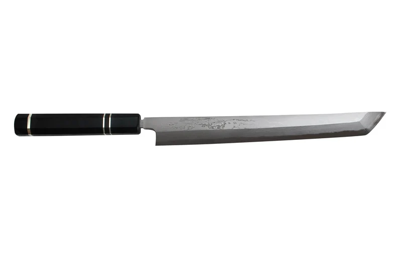 Couteau sakimaru takohiki japonais artisanal Naoki Mazaki Damascus biseauté 27cm