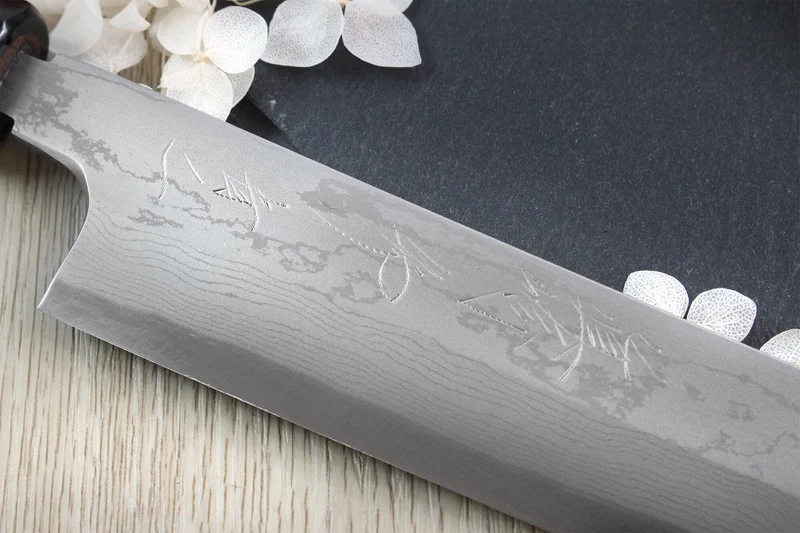 Couteau sakimaru takohiki japonais artisanal Naoki Mazaki Damascus biseauté 27cm