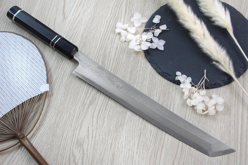 Couteau sakimaru takohiki japonais artisanal Naoki Mazaki Damascus biseauté 27cm