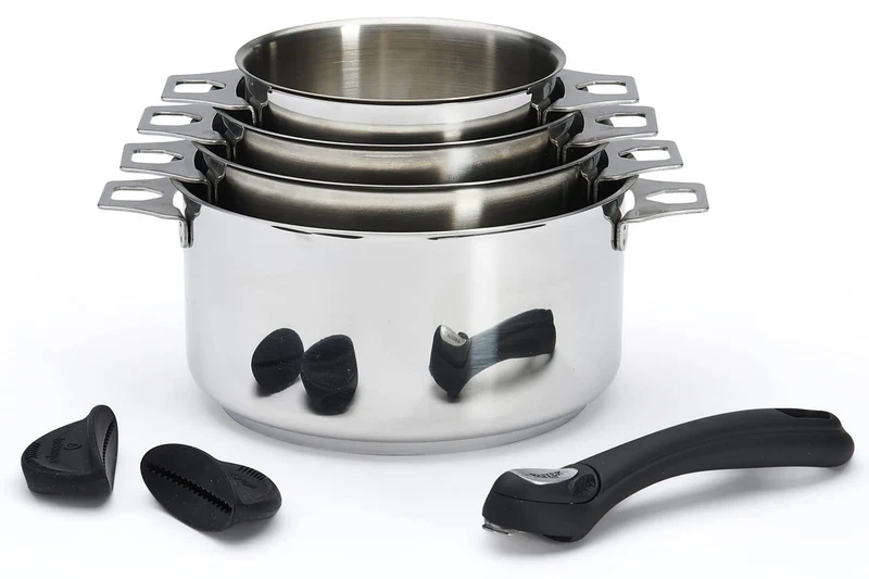 Set de 4 casseroles De Buyer Milady Twisty en acier inoxydable + 1 poignée + 2 anses
