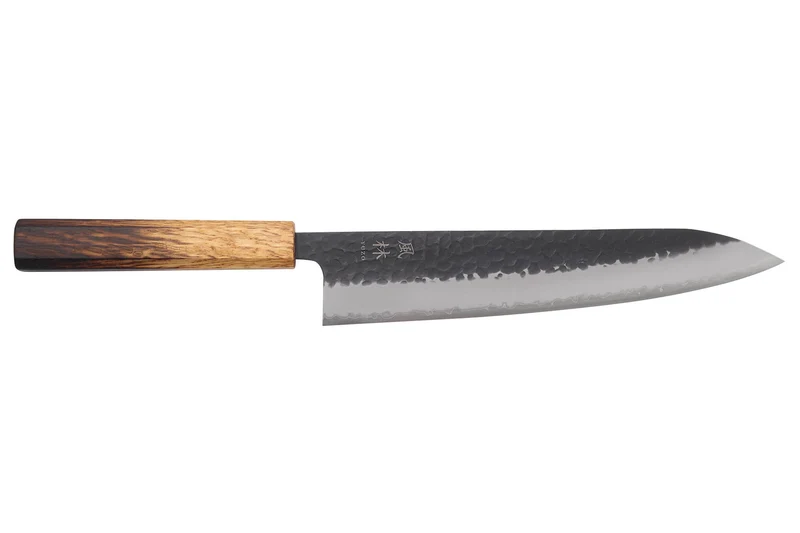 Couteau de chef 24cm japonais artisanal Yuzo Black AS chêne brûlé